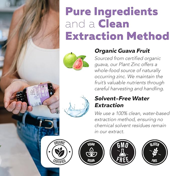 Organic Zinc 25 mg | Whole Food zinc Supplements | Derived from Organic Fruit, Elemental Zinc - Water Extracted, Vegan, GMO-Free - Essential Mineral, Antioxidant, Immune Support, Skin - 60 Servings