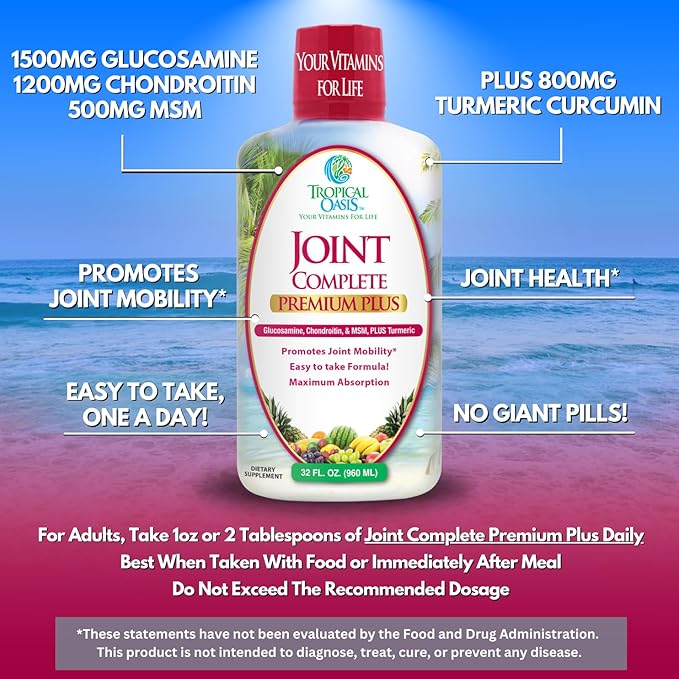 Joint Complete Premium Plus - Liquid Joint Supplement w/Glucosamine, Chondroitin, MSM Plus 800mg Turmeric – 98% Max Absorption – 32oz, 32 serv