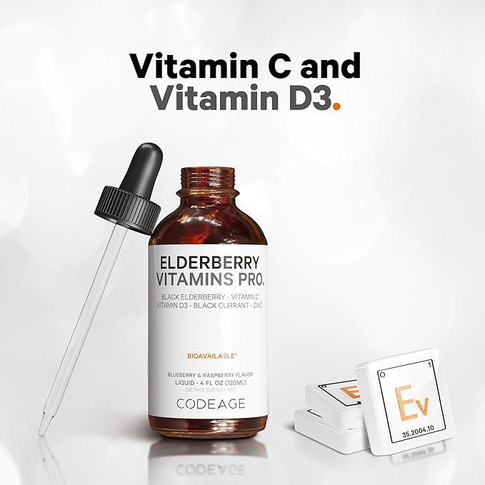 Codeage Elderberry Vitamins Pro - Organic Black Elderberry Liquid Drops - Vitamin C, Vitamin D3, Zinc, Black Currant - 2-Month Supply - Black Sambucus Liquid - Supplement for Adults & Kids - 4 fl oz