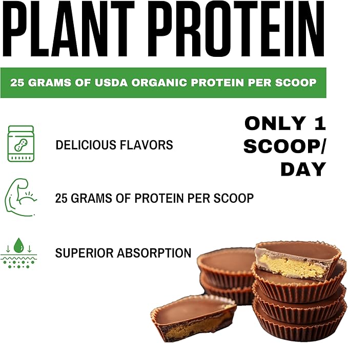vedge Certified Organic Plant Protein Chocolate Peanut Butter Cup (20 Servings) - Plant-Based Vegan Protein Powder, USDA Organic, Gluten Free, Non Dairy Nutrition Plant Protein