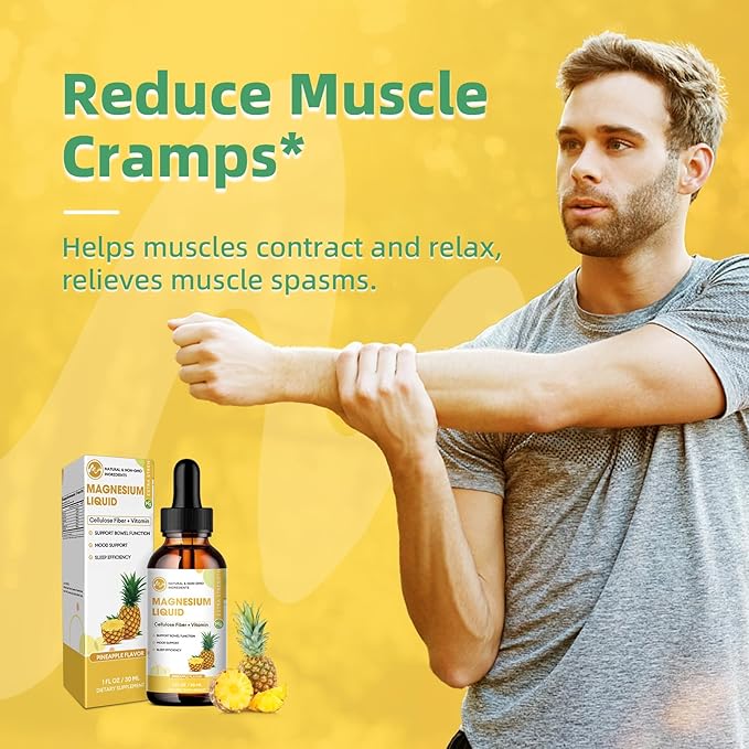 Magnesium Glycinate Liquid, High Absorption Magnesium Liquid Drops with Cellulose Fiber, Bromelain, Vitamin B6, C, D, Zinc, Magnesium Supplement for Kids and Adults, Pineapple Flavor, 1 Pack