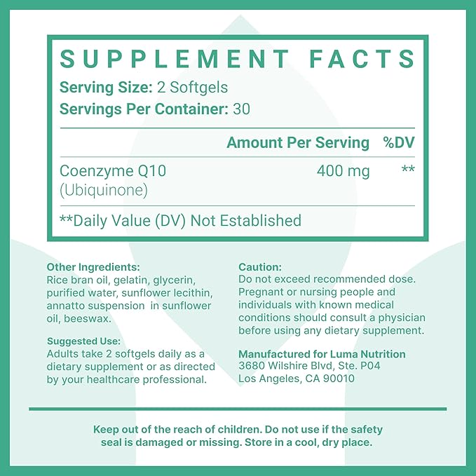 Luma Nutrition CoQ10 400mg Softgels - High-Absorption Coenzyme Q10 - Co Q-10 200mg / 400mg Per Serving - Heart Health - 60 Liquid Softgels