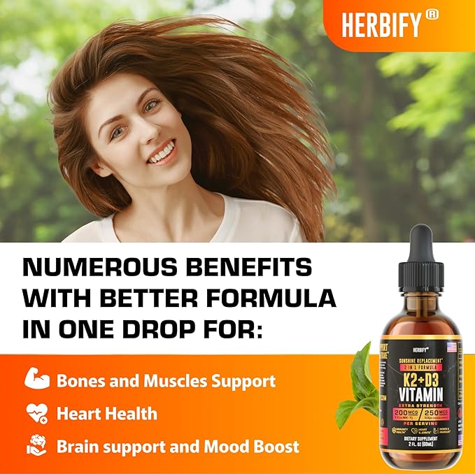 HERBIFY Vitamin D3 K2 Drops – Liquid Vitamins for Women, Men & Teen - Bone Strength Supplements - D3 K2 Mt Vitamins for Immune Support & Heart Health - Vitamin D3 10000 Iu Liquid K2 Drops – 2 oz