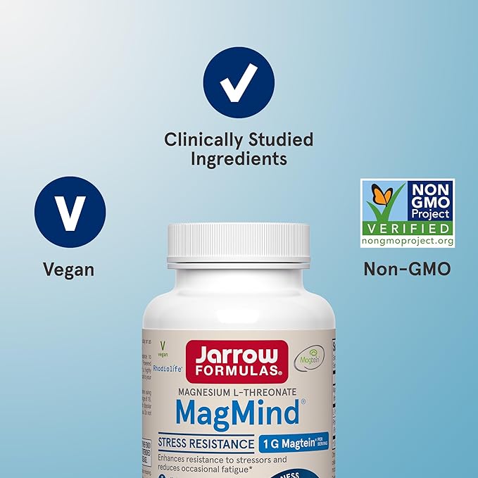 Jarrow Formulas Magnesium L-Threonate, MagMind Stress Resistance with L-Theanine and Rhodiolife, High Absorption Magnesium, Stress Relief and Mood Support, 60 Veggie Capsules, Up to a 30 Day Supply