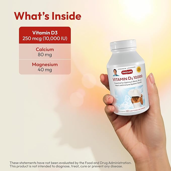 ANDREW LESSMAN Vitamin D3 10,000 IU 180 Capsules - High Potency, Essential for Calcium Absorption, Supports Bone Health, Healthy Muscle Function, Immune System, More. Small Easy to Swallow Capsules