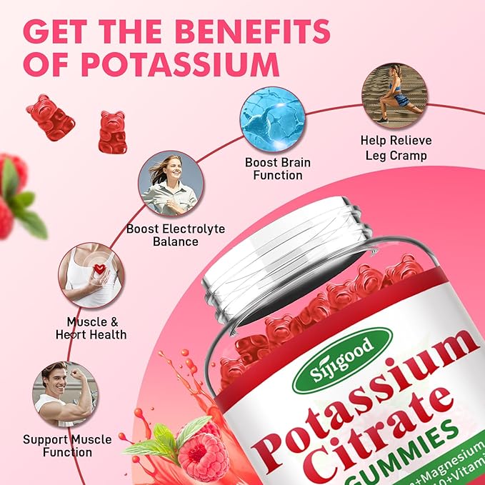 Potassium Citrate Gummies – Potassium Supplement for Muscle Health, Leg Cramp Relief & Electrolyte Balance, Vegan, Non-GMO, Gluten-Free, Raspberry Flavor, 60 Count