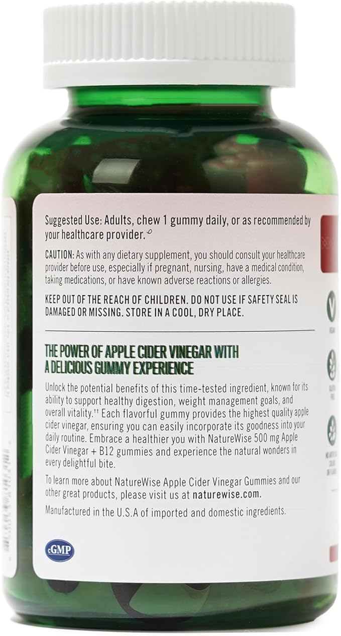 NatureWise Apple Cider Vinegar Gummies - 1000mg ACV per 2 + Vitamin B12 - Pectin Based Vegan, Gluten-Free, Non-GMO -90 Count[45-Day Supply for 1000mg or 3-Months for 500mg]