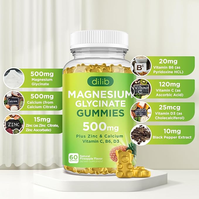 Magnesium Glycinate Gummies 500mg Magnesium Supplement with Calcium, Zinc, Vitamin C, B6, D3-Calm Chewable Gummies for Kids & Adults-Sleep, Mood & Muscle Support-Pineapple Flavor, 60 Gummies