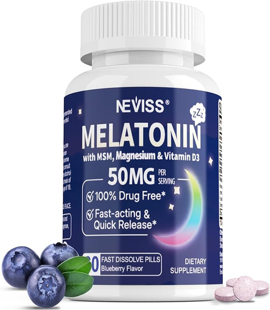 Melatonin 50 mg for Adults - Extra Strength 9-IN-1 Fast Dissolve Sublingual - w/ Vitamin D3 & MSM, Relaxing Herbal Blend-Ashwagandha, Lemon Balm, Passionflower,Chamomile,Sugar Free, Vegan 60 Servings