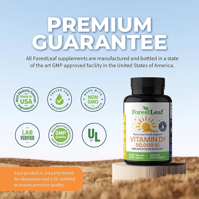 ForestLeaf Vitamin D3 50,000 IU | VIT D - VIT D3 Vitamin D Supplement for Women and Men | Bone Health, Teeth, Immune Support | Easy to Swallow Pills | High Potency WEEKLY Dose, 2-Year Supply, 120 Caps