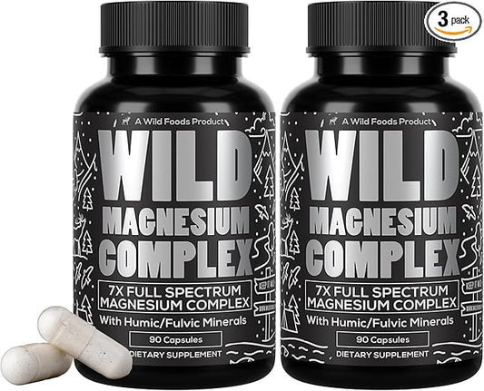 Wild Foods Magnesium Complex Supplement with 7X Forms | High Absorption, Full Spectrum, Easy Digestion | 500mg Glycinate, Bisglycinate, Malate, Orotate, Citrate, Taurate | 90 Capsule (Pack of 3)