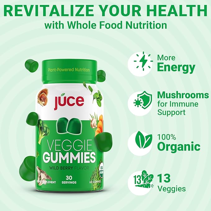 Júce Veggie Whole Superfood Gummies, Wild Berry Flavor - Plant-Based Energy, Vegan, Non-GMO, Soy Free, Nutrient-Packed, By Terra Kai Organics