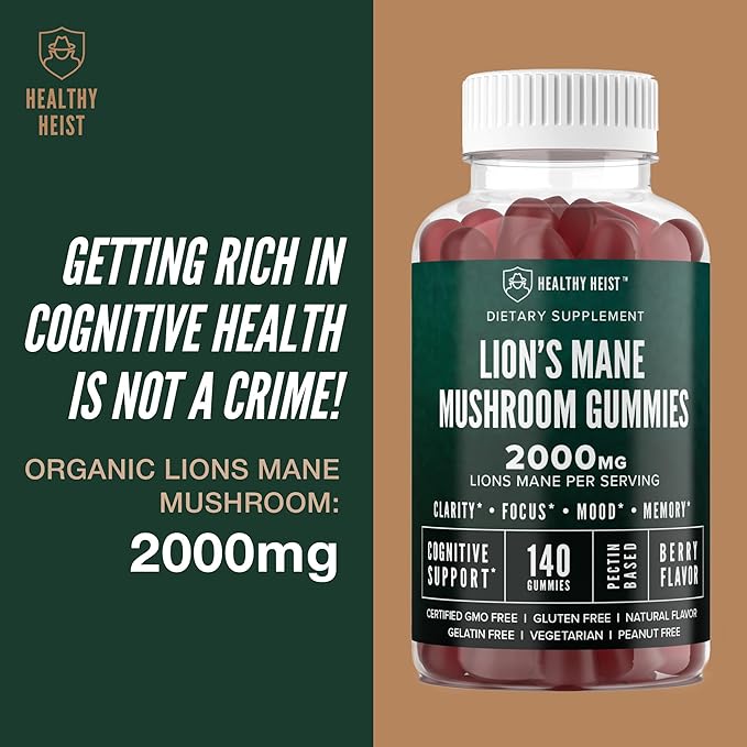 Lions Mane Mushroom Gummies for Adults, 280 Count Bulk Lion's Mane Chewables, High Potency 10:1 Organic Extract amounts to 2000mg, Supplement Supports Mental Clarity, Focus, Mood and Brain Fog, 2 Pack