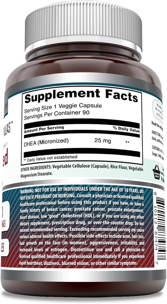 Amazing Formulas Micronized DHEA 25mg 90 Veggie Capsules Supplement | Non-GMO | Gluten Free | Made in USA | Ideal for Vegetarians | Dehydroepiandrosterone Capsules for Men & Women