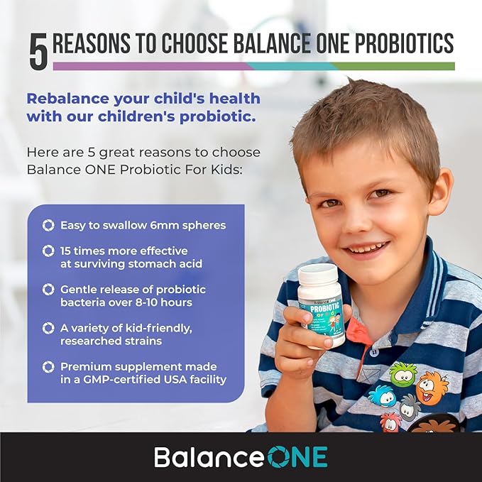 Balance ONE Time-Release Kids Probiotic - 15x Better Survivability Than Capsules or Gummies - 2 Month Supply - 3 Billion CFU Children’s Gut Health & Digestive Support - Sugar Free & Easy to Swallow