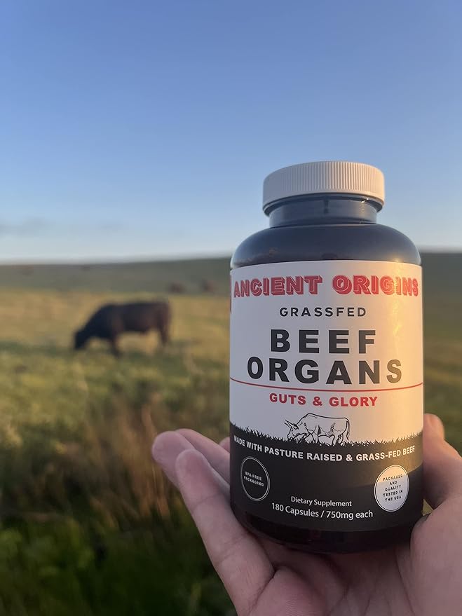 Ancient Origins Grass Fed Beef Organs Supplement 4500mg - Desiccated Liver, Bone Marrow, Heart, Spleen, Pancreas & Kidney, Non-GMO, Gluten Free, Undefatted (180 Capsules, 750mg Each)