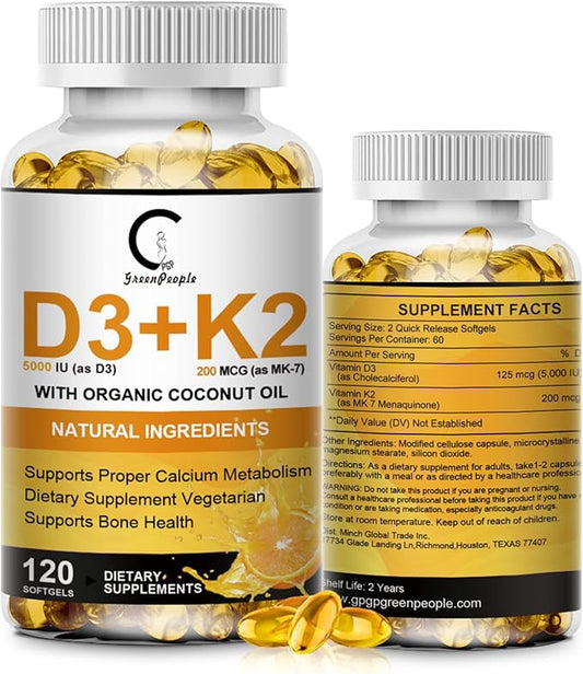 Vitamin D3 K2 Supplement with Vitamin D3 5000 IU, 200 mcg Vitamin K2 MK-7 & Natural Coconut Oil, Plant Based 2-1 Formula for Bone, Teeth, Muscle and Immune Health Support,120 Softgel Capsules