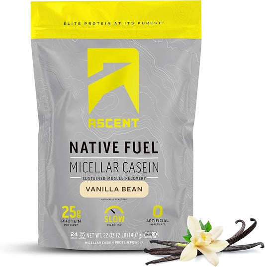 Ascent Casein Protein Powder - 25g Micellar Casein Powder with Zero Artificial Flavors & Sweeteners, Gluten-Free, No Added Sugar, 4.9g BCAA, 2.2g Leucine - Vanilla Bean, 2 Pounds