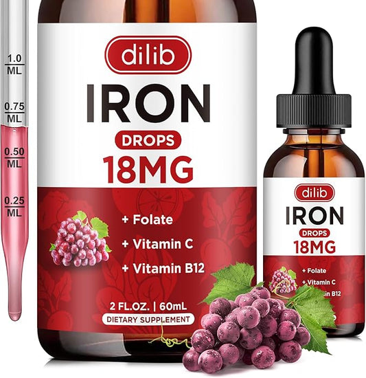 Liquid Iron Supplement for Women & Men Iron Drops Iron Supplements for Anemia with Folate, Vitamin C, B12 for Red Blood Cell Support-Grape, 2 Fl Oz