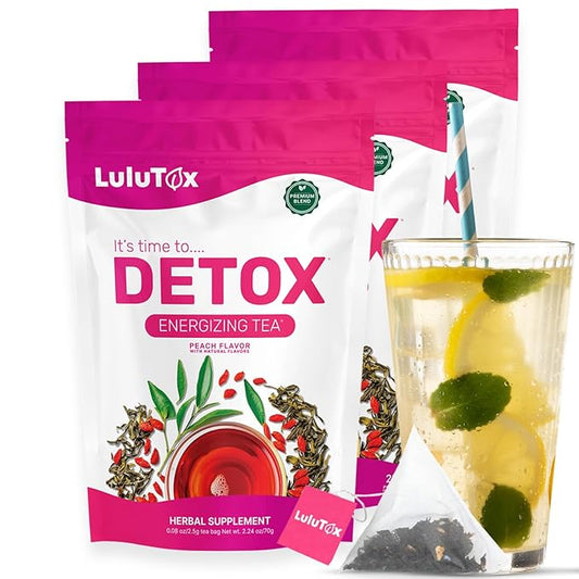 LULUTOX Detox Tea - Herbal Blend with Dandelion, Ginseng, and Ginger - Supports A Healthy Weight, Digestive Health - Vegan, All Natural, Laxative-Free - Peach Flavor (3 pack x 28 servings)