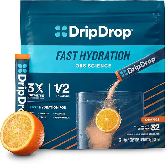 DripDrop Hydration - Orange - Electrolyte Drink Mix Single Serve Hydration Powder Packets | Non-GMO, Gluten Free, Vegan | 32 Sticks