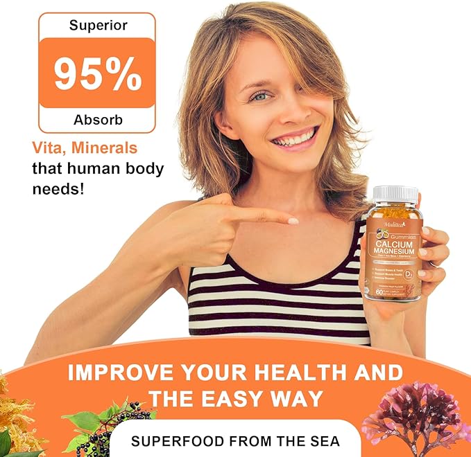 Calcium Gummies with D3,Zinc - Plant Complex Calcium Magnesium Supplement with Glycinate,Potassium,Vitamin C &Whole Natural Food for Bone & Immune Support- Chewable Gummy Sugar-Free -(1pack)