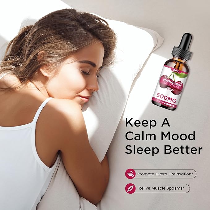 Magnesium Glycinate Supplement, Magnesium Glycinate Liquid Drops 500mg with Calcium, Zinc, Vitamin B6, D3, L-Theanine, Omega 3 for Sleep, Mood, Stress Relief, Bone, Muscle, Cherry Flavor
