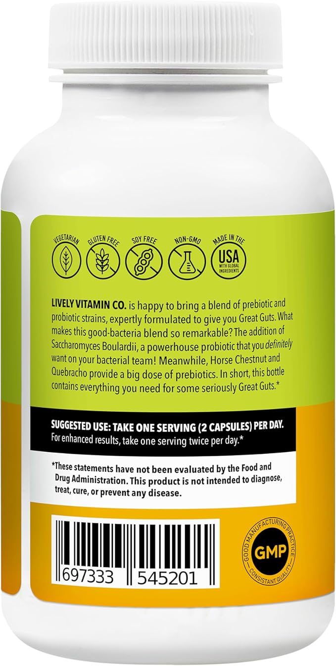 LIVELY VITAMIN CO. Great Guts Probiotic - 100 Billion CFU Probiotic - Balance Gut Microbiome, GI Tract, Inflammation, Indigestion, Reflux, Upset Stomach, & Diarrhea - 60 Caps
