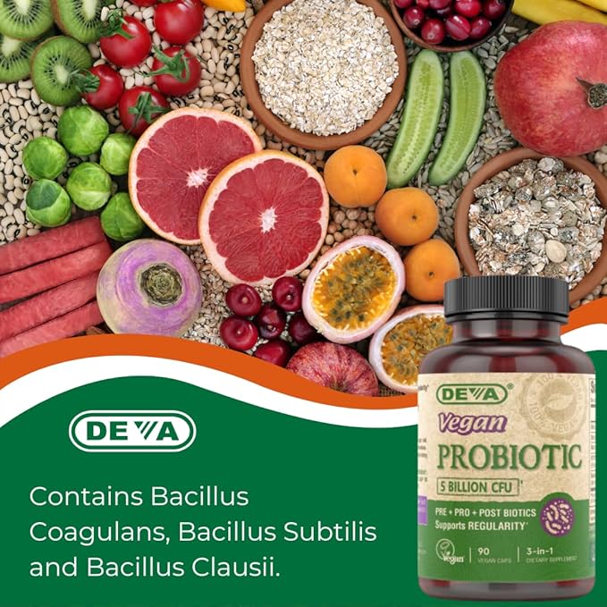 DEVA Vegan Probiotic, 5 Billion CFU 2-Pack – Dairy-Free FOS Prebiotics, Probiotics & Postbiotics, Digestive Health, Gut Support, 90 Vegan Caps Ea