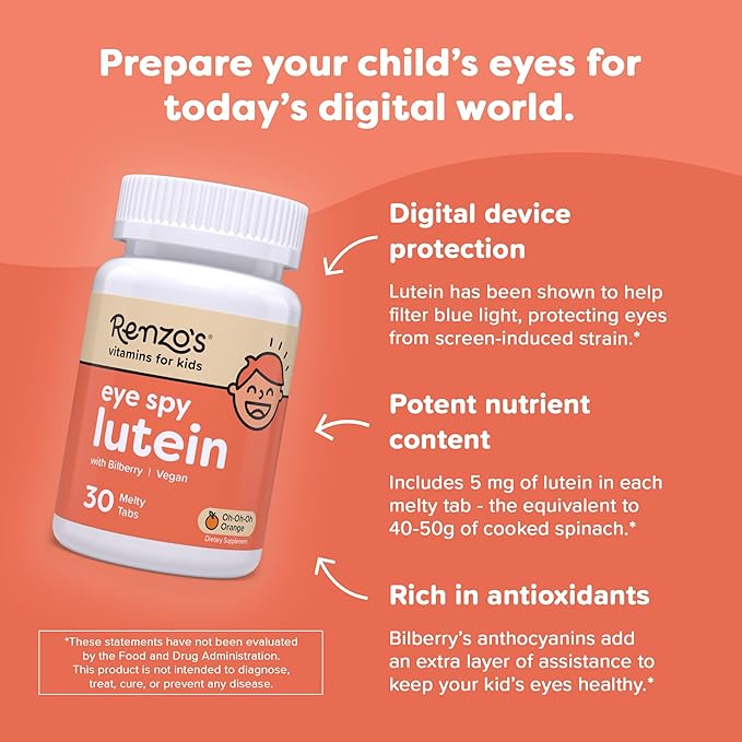 Renzo's Eye Spy Lutein with Bilberry Extract, Dissolvable Kids Vitamins for Eye Health, Sugar-Free Supplements, 30 Orange-Flavored Melty Tabs