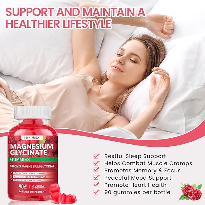 Magnesium Glycinate Gummies 1000mg, High Absorption Sugar Free Magnesium Potassium Supplement for Relaxation, Stress Relief, and Sleep Support for Adults & Kids - 90 Raspberry Gummies