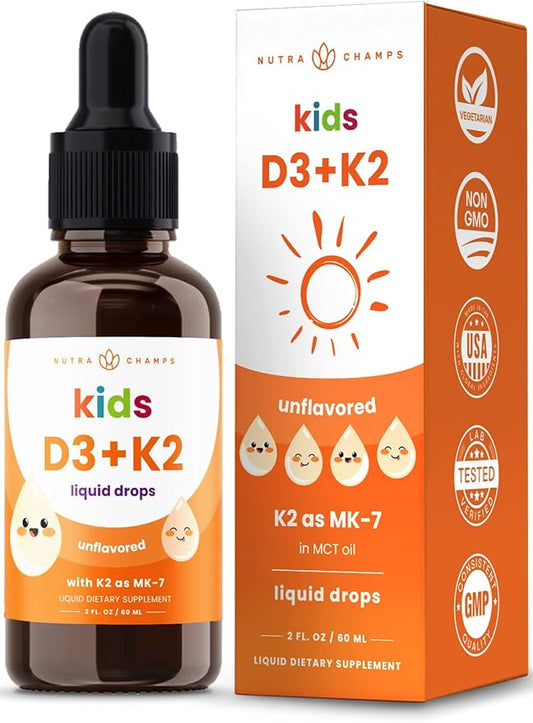 NutraChamps Kids Vitamin D 3 K2 Drops, Vitamin D3 & K2 MK-7, Liquid Vitamin D for Kids 1000 IU, Healthy Bones, Heart & Immune System, Sugar Free Supplement for Toddlers, 300 Servings