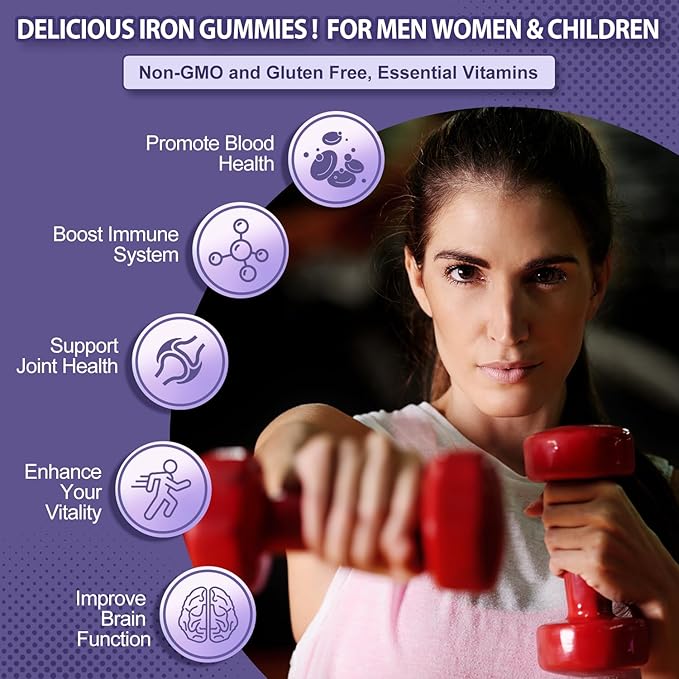 Iron Supplement for Women and Men, Grape Flavored Gummies 65mg and 250mg Vitamin C & Folate for Iron Deficiency and Anemia, Energy Support & Immune Health, 60 Count