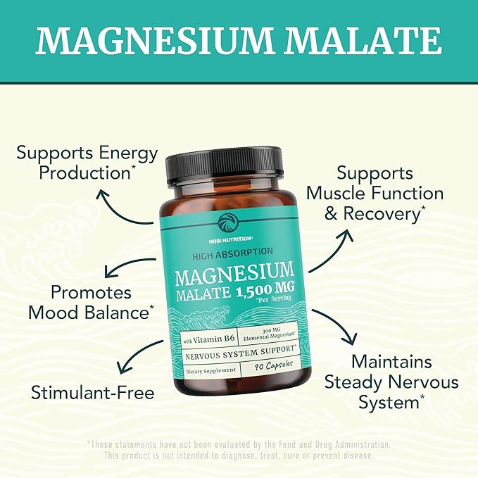 Magnesium Malate 1500MG | Energy & Nervous System Support | 300MG Elemental Mag Per Serving | High Absorption Magnesium Malate Capsules with VIT B6 + Black Pepper | Non-GMO | 90 Ct (1 Month Supply)