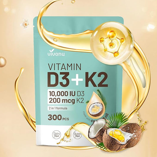 Vitamin D3 10000 iu Plus K2 (MK-7) 200 mcg, 300 Coconut Oil Softgels| 2 in 1 VIT D & K Complex | Supports Calcium Absorption, Bone, Immune, & Heart Health – Easy to Swallow (300 Softgels /1 Bag)