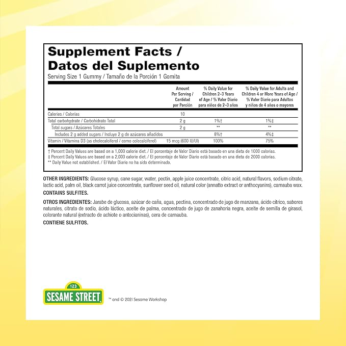 Sesame Street Vitamin D3 Gummies for Kids 2+, 600 IU of Vitamin D per Gummy, 6 Month Supply, Free of Gluten, Dairy, Peanut & Gelatin, Immune, Bone and Teeth Support, Non-GMO, 180 Vegetarian Gummies