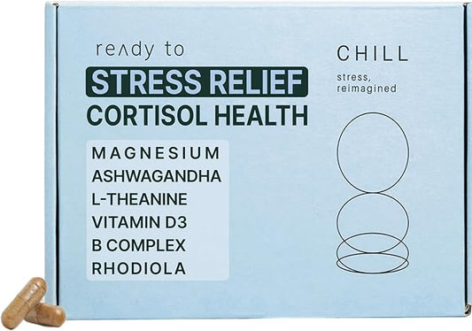 CHILL Stress Relief Supplement – Cortisol Supplements for Women & Men - Relaxation & Calm – Magnesium, Ashwagandha, L-Theanine, B Complex – 60 Capsules