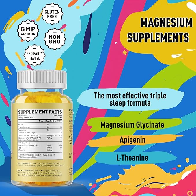 Triple Magnesium Complex Gummies - 800mg Magnesium Glycinate & Citrate, Apigenin & L-Theanine, for Kids & Adults, Naturally Asleep & Muscle Cramps (60 Count)