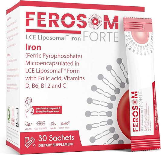LCE Liposomal Iron – Supplement Powder Gentle on the Stomach – 21g Elemental Iron with Vitamin B12, B6, D, C, Folic Acid – Berry Flavor Powder or Liquid Iron Drink, 30 Vegan Iron Sachets