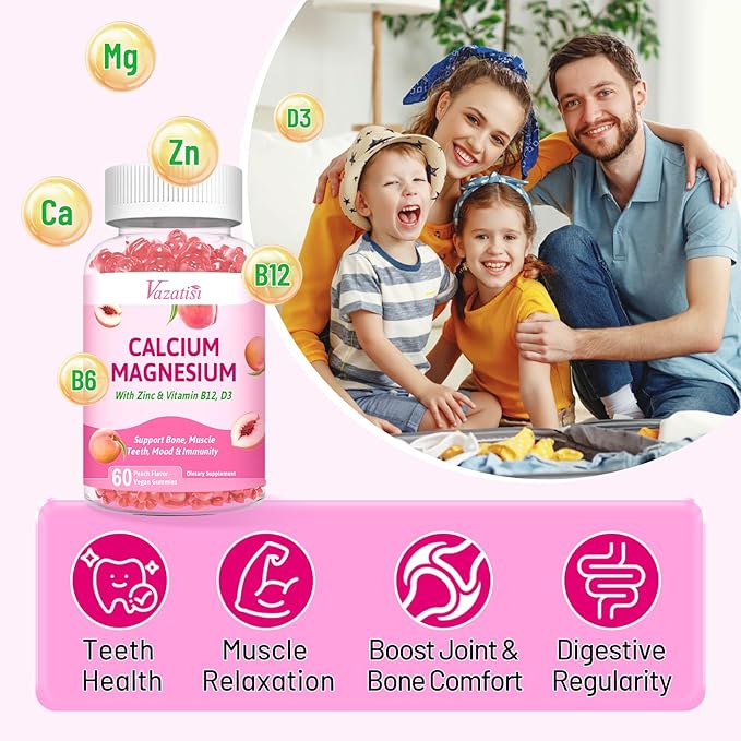 Calcium Magnesium Zinc Gummies with Vitamin D3 B12, Calcium Supplements for Women Men, Support Immunity, Peach Flavor 60 Cts