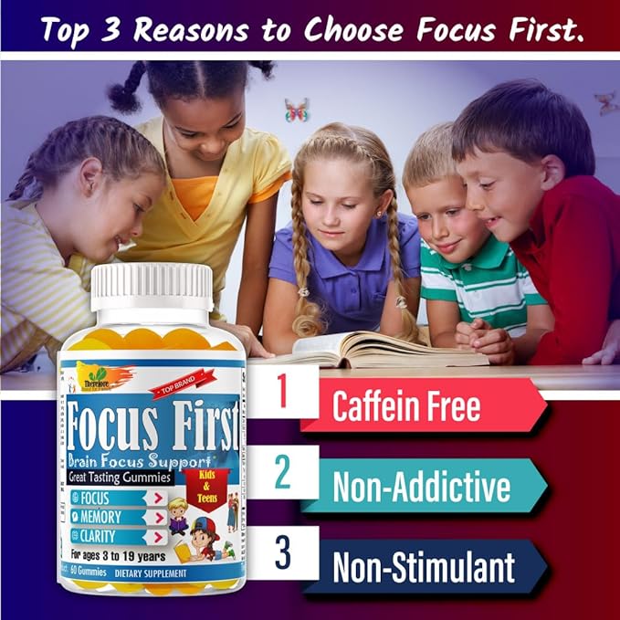Focus First Kids Focus Support Gummies, Kids Brain Booster Focus Vitamins for Kids, Memory Booster Gummies for Brain with DHA/EPA Omega 3 6 9-60ct