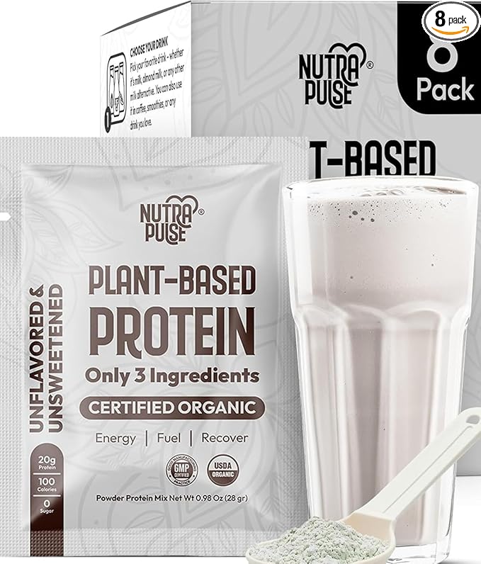 Organic Vegan Protein Powder Sample Pack - Plant-Based Protein, Gluten-Free, Non GMO, 20g Protein Per Serving, Great for Smoothies & Shakes (Unflavored, Pack of 8)