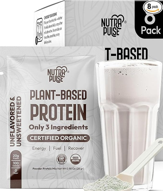 Organic Vegan Protein Powder Sample Pack - Plant-Based Protein, Gluten-Free, Non GMO, 20g Protein Per Serving, Great for Smoothies & Shakes (Unflavored, Pack of 8)