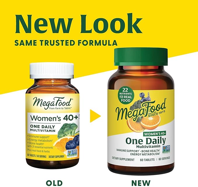 MegaFood Women's 40+ One Daily Multivitamin for Women with Vitamin B12, Vitamin B6, Vitamin C, Vitamin D, Zinc & Iron – Plus Real Food - Immune Support - Bone Health - Non-GMO - Vegetarian - 60 Tabs