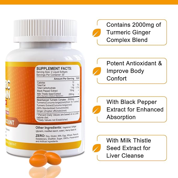 5 in 1 Turmeric Curcumin Softgels 2000mg with Milk Thistle Seed Extract & Black Pepper, Ginger Root - Immune, Liver Support - 95% Curcuminoids - Turmeric and Ginger Supplement Softgel Capsules