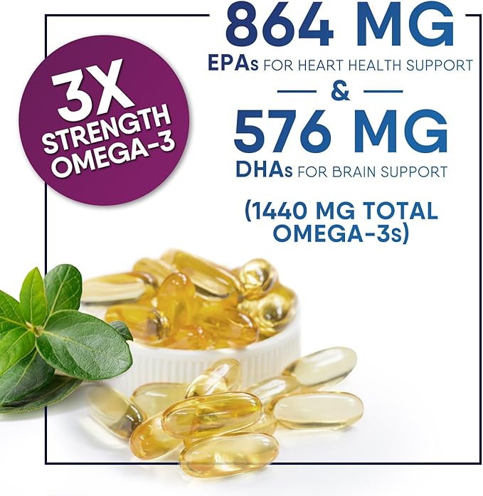 Omega 3 Fish Oil 2400 mg - Triple Strength Omega3, EPA & DHA Fatty Acids Supplement - Natural Support for Immune, Heart & Brain Health - Wild Caught, Non-GMO, Lemon Flavor, Burpless - 120 Softgels