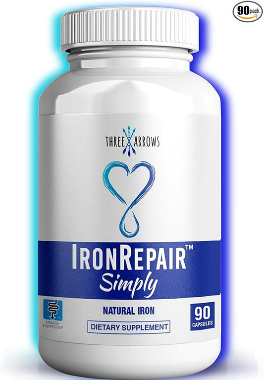 Iron Repair Simply Natural Iron Supplement, Best Absorption & Gentle on Stomach, Monash Low FODMAP, Raise Hemoglobin & Ferritin Iron Pills for Women, Men, Teens, & Pregnancy 90 Bovine Gelatin Capsules