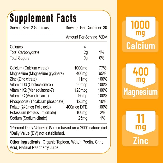 Calcium Magnesium Zinc Gummies with Vitamin D3 and K2, High Absorption Magnesium Glycinate Potassium for Immune and Calm Mood, Vegan Mango and Pineapple Flavor 120 Gummies