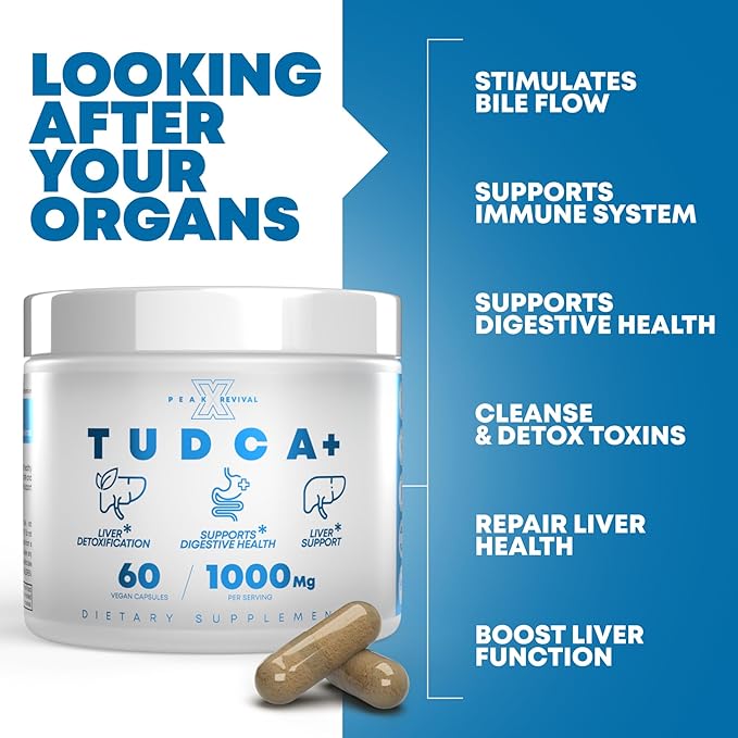 TUDCA+ 1000mg Bile Salt Supplement for Liver Support, Detoxification, Digestive Health, Inflammation, and Skin Health - Made in The USA (60 Vegan Capsules)