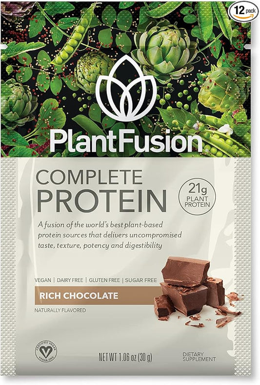 PlantFusion Complete Vegan Protein Powder - Plant Based Protein Powder with BCAAs, Digestive Enzymes and Pea Protein - Keto, Gluten Free, Soy Free, Non-Dairy, No Sugar, Non-GMO - Chocolate Pack of 12